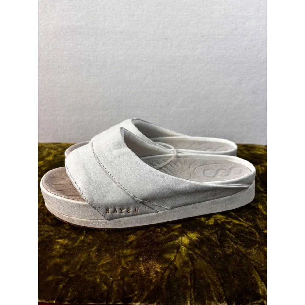 SAYSH Scia Slide Sandal White Leather Platform Comfort Slip On Shoes Size 7 NWOB